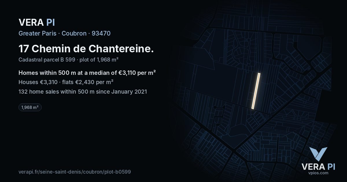 17 Chemin de Chantereine, Coubron at night – the plot lit, the parcels around coloured by the prices near them