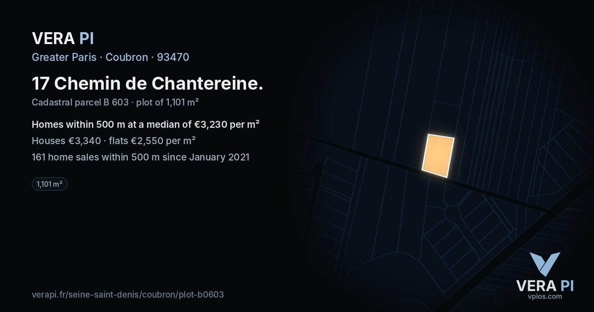 17 Chemin de Chantereine, Coubron at night – the plot lit, the parcels around coloured by the prices near them