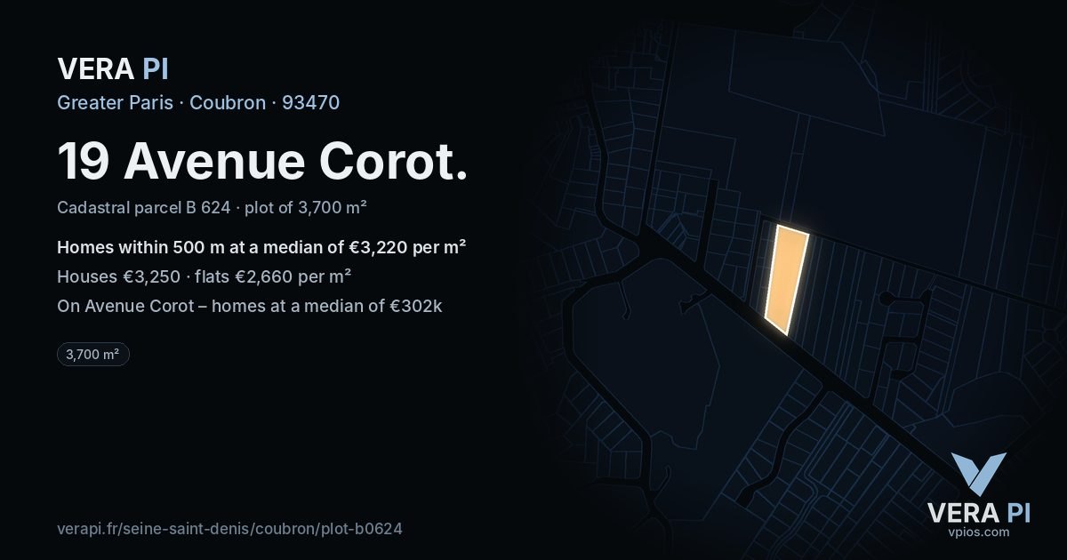 19 Avenue Corot, Coubron at night – the plot lit, the parcels around coloured by the prices near them