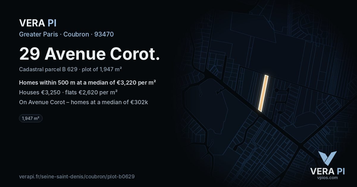 29 Avenue Corot, Coubron at night – the plot lit, the parcels around coloured by the prices near them