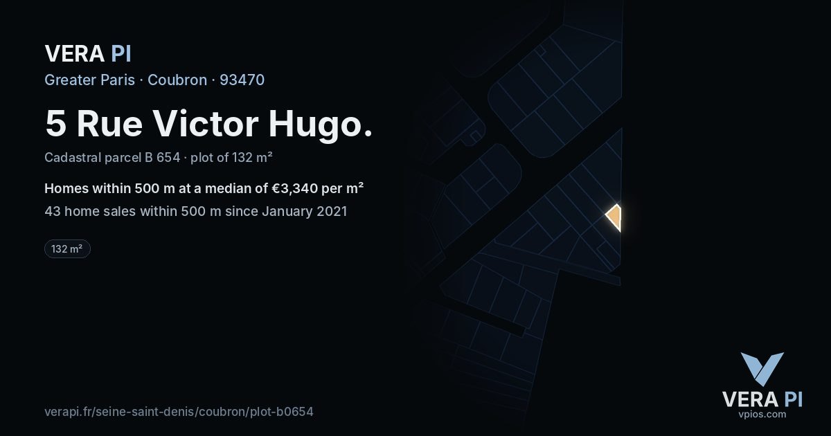 5 Rue Victor Hugo, Coubron at night – the plot lit, the parcels around coloured by the prices near them