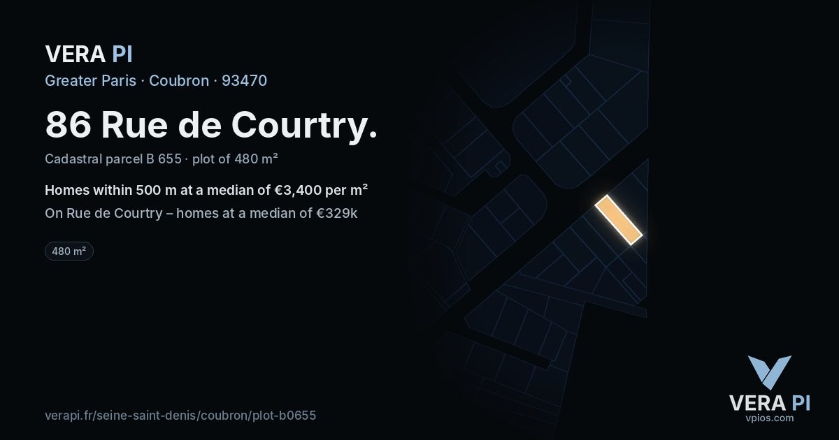86 Rue de Courtry, Coubron at night – the plot lit, the parcels around coloured by the prices near them
