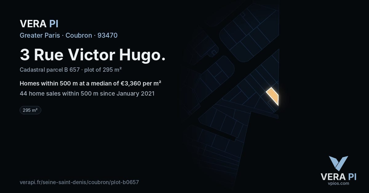 3 Rue Victor Hugo, Coubron at night – the plot lit, the parcels around coloured by the prices near them
