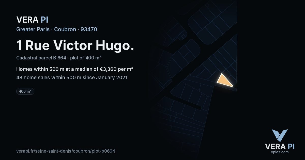 1 Rue Victor Hugo, Coubron at night – the plot lit, the parcels around coloured by the prices near them