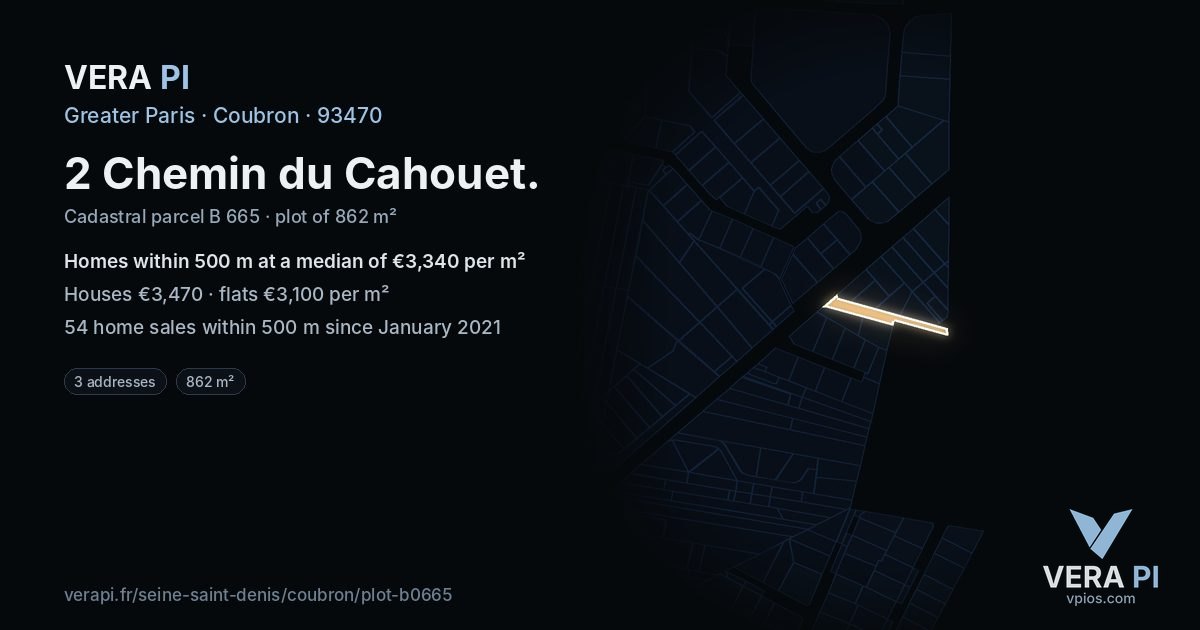 2 Chemin du Cahouet, Coubron at night – the plot lit, the parcels around coloured by the prices near them