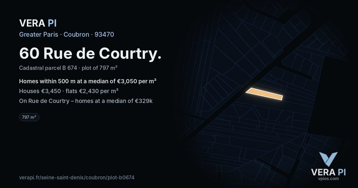 60 Rue de Courtry, Coubron at night – the plot lit, the parcels around coloured by the prices near them