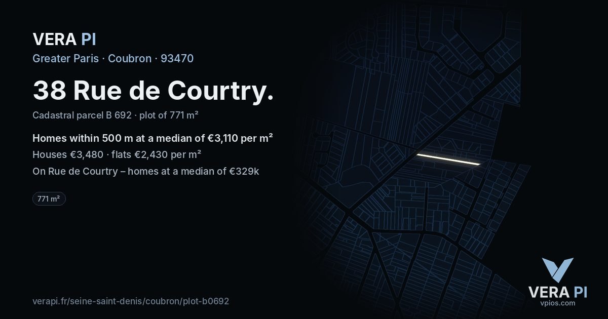 38 Rue de Courtry, Coubron at night – the plot lit, the parcels around coloured by the prices near them