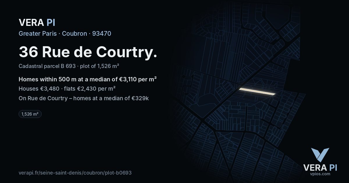36 Rue de Courtry, Coubron at night – the plot lit, the parcels around coloured by the prices near them