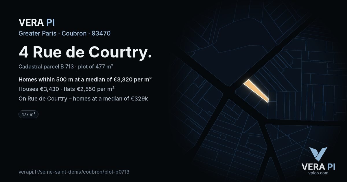 4 Rue de Courtry, Coubron at night – the plot lit, the parcels around coloured by the prices near them