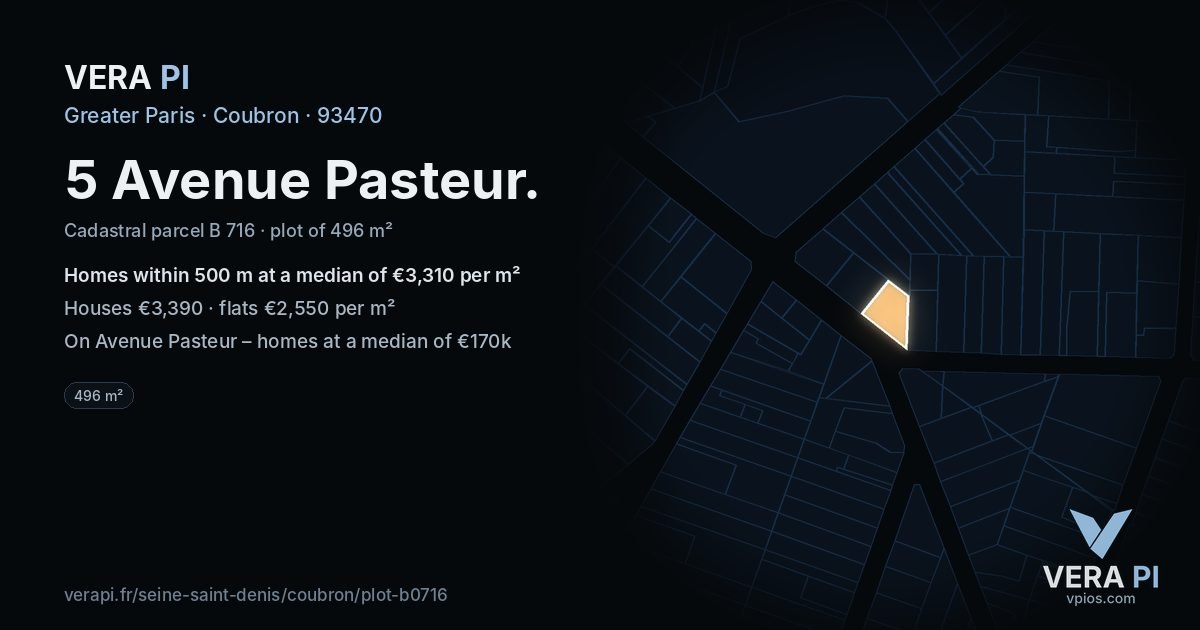 5 Avenue Pasteur, Coubron at night – the plot lit, the parcels around coloured by the prices near them