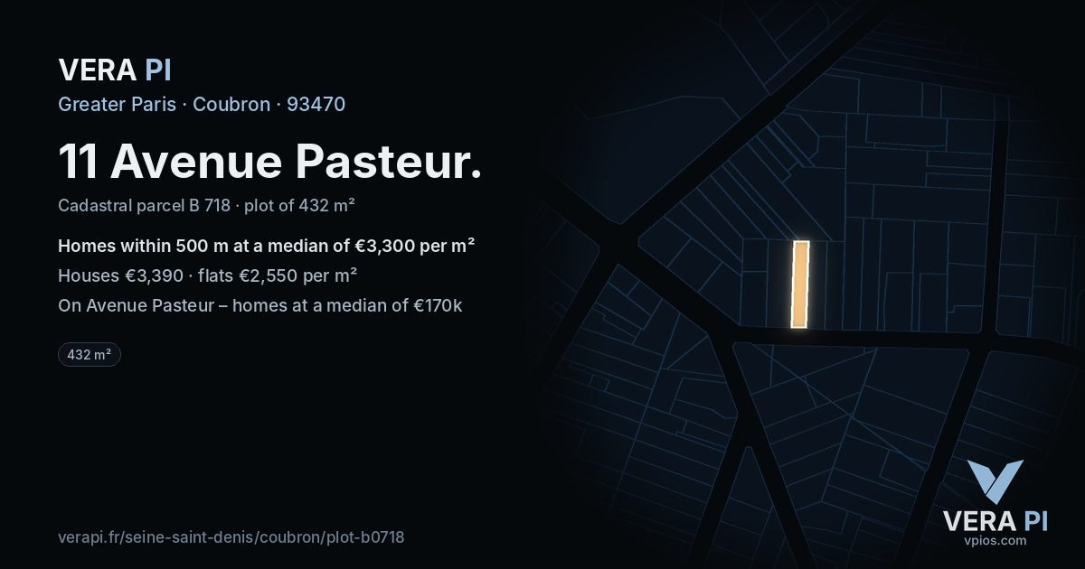 11 Avenue Pasteur, Coubron at night – the plot lit, the parcels around coloured by the prices near them