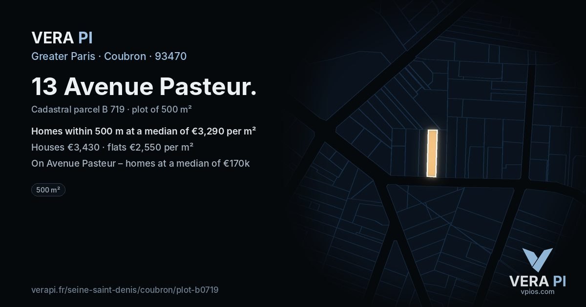13 Avenue Pasteur, Coubron at night – the plot lit, the parcels around coloured by the prices near them