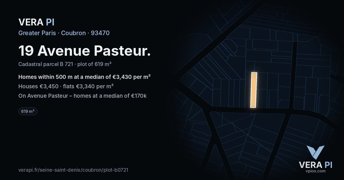 19 Avenue Pasteur, Coubron at night – the plot lit, the parcels around coloured by the prices near them
