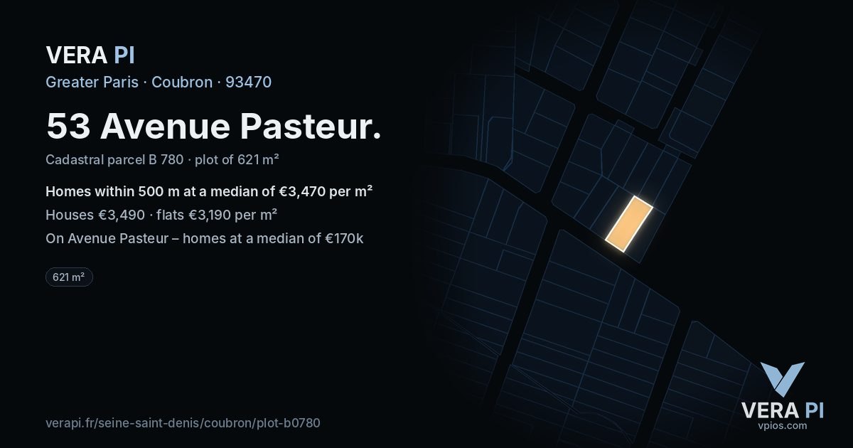 53 Avenue Pasteur, Coubron at night – the plot lit, the parcels around coloured by the prices near them