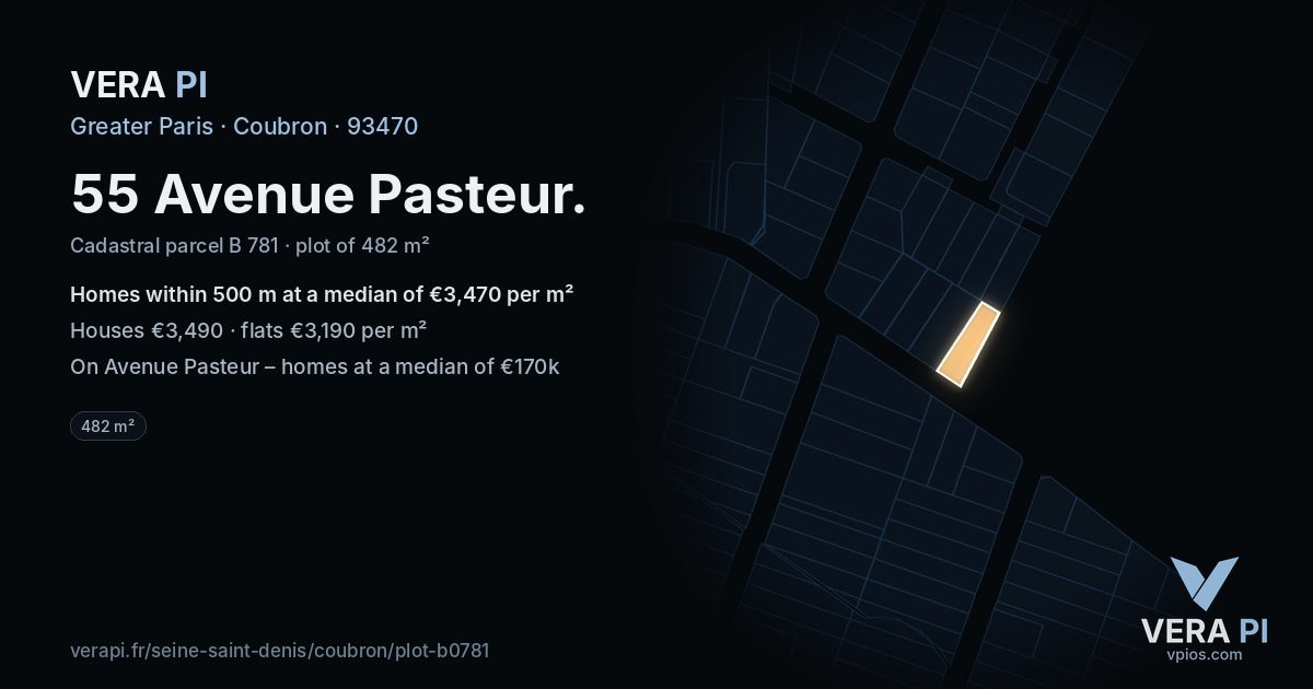 55 Avenue Pasteur, Coubron at night – the plot lit, the parcels around coloured by the prices near them