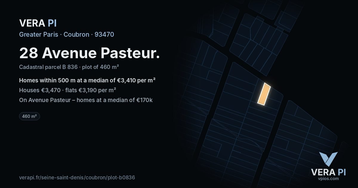 28 Avenue Pasteur, Coubron at night – the plot lit, the parcels around coloured by the prices near them