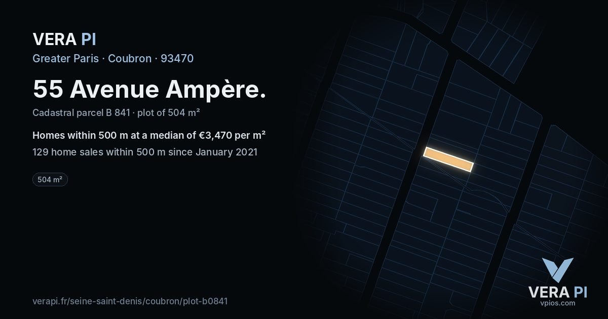 55 Avenue Ampère, Coubron at night – the plot lit, the parcels around coloured by the prices near them