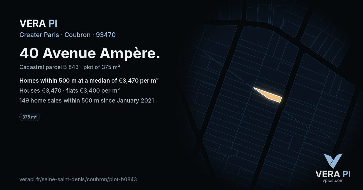 40 Avenue Ampère, Coubron at night – the plot lit, the parcels around coloured by the prices near them