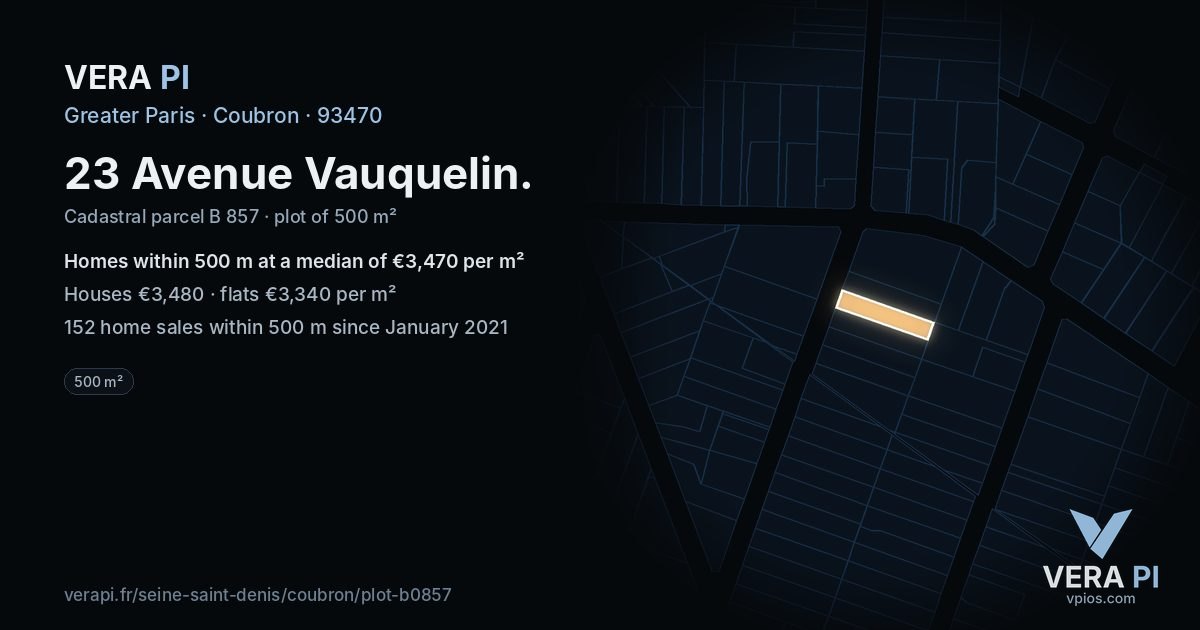 23 Avenue Vauquelin, Coubron at night – the plot lit, the parcels around coloured by the prices near them