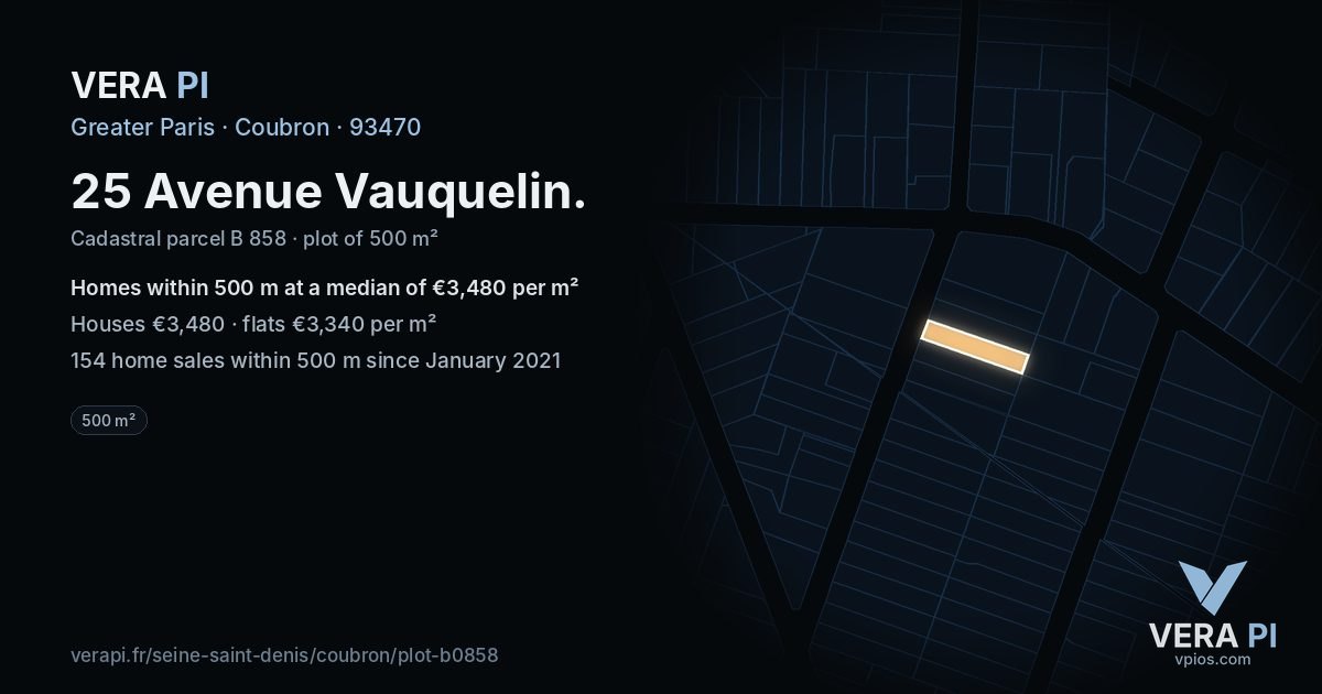 25 Avenue Vauquelin, Coubron at night – the plot lit, the parcels around coloured by the prices near them