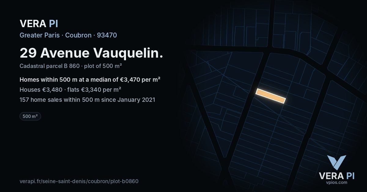 29 Avenue Vauquelin, Coubron at night – the plot lit, the parcels around coloured by the prices near them