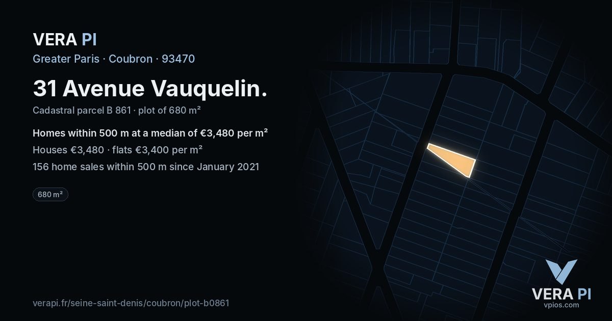 31 Avenue Vauquelin, Coubron at night – the plot lit, the parcels around coloured by the prices near them