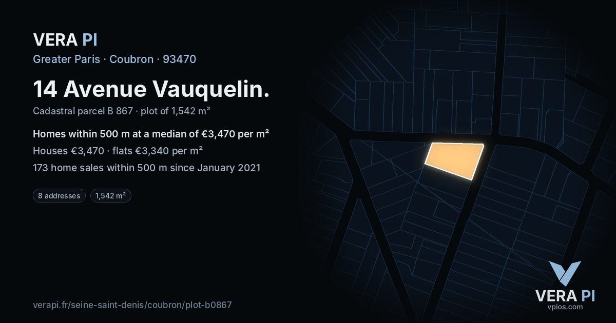 14 Avenue Vauquelin, Coubron at night – the plot lit, the parcels around coloured by the prices near them