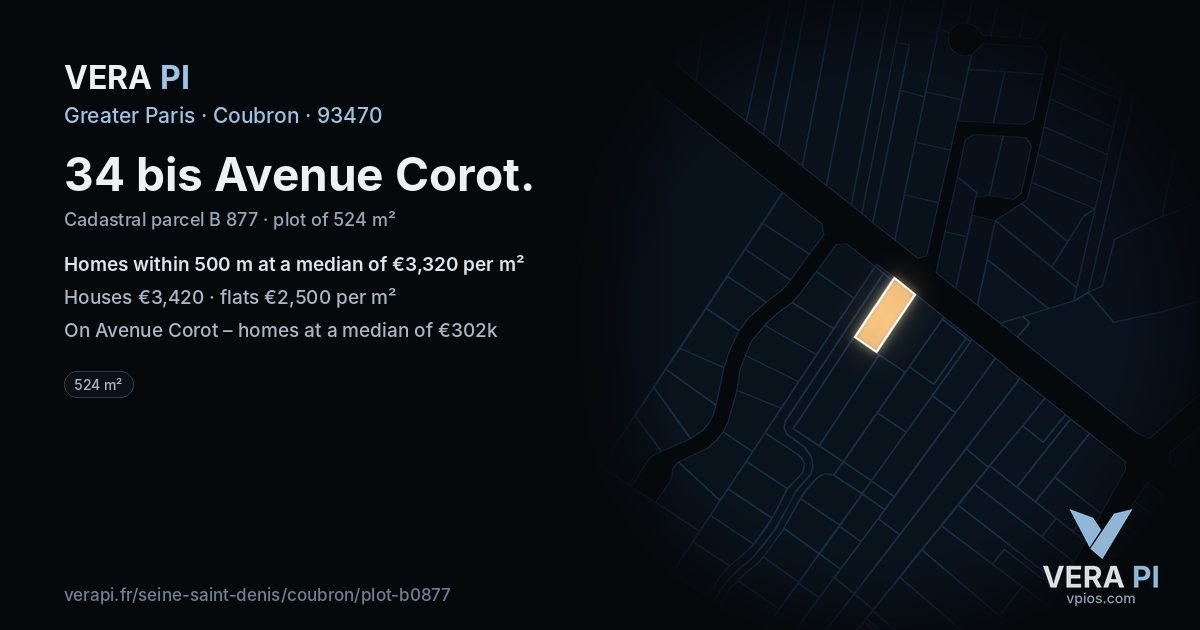 34 bis Avenue Corot, Coubron at night – the plot lit, the parcels around coloured by the prices near them