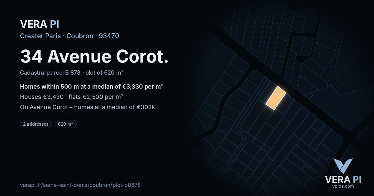 34 Avenue Corot, Coubron at night – the plot lit, the parcels around coloured by the prices near them