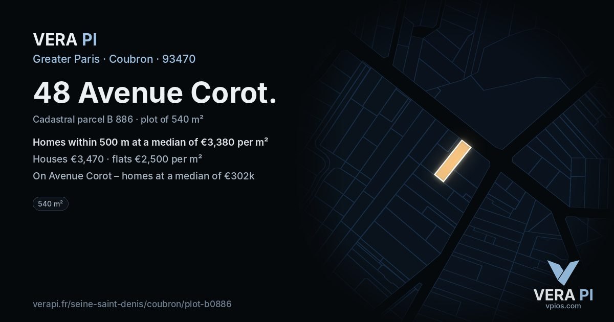 48 Avenue Corot, Coubron at night – the plot lit, the parcels around coloured by the prices near them