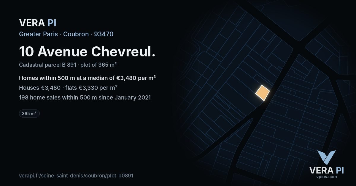 10 Avenue Chevreul, Coubron at night – the plot lit, the parcels around coloured by the prices near them