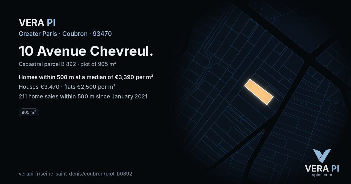 10 Avenue Chevreul, Coubron at night – the plot lit, the parcels around coloured by the prices near them