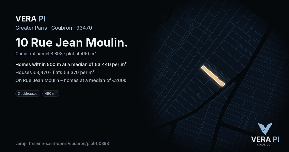 10 Rue Jean Moulin, Coubron at night – the plot lit, the parcels around coloured by the prices near them