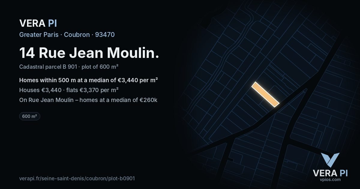 14 Rue Jean Moulin, Coubron at night – the plot lit, the parcels around coloured by the prices near them