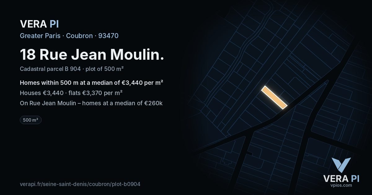 18 Rue Jean Moulin, Coubron at night – the plot lit, the parcels around coloured by the prices near them