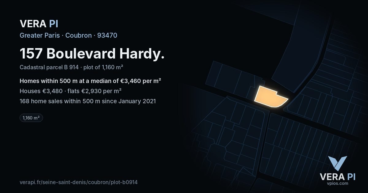 157 Boulevard Hardy, Coubron at night – the plot lit, the parcels around coloured by the prices near them