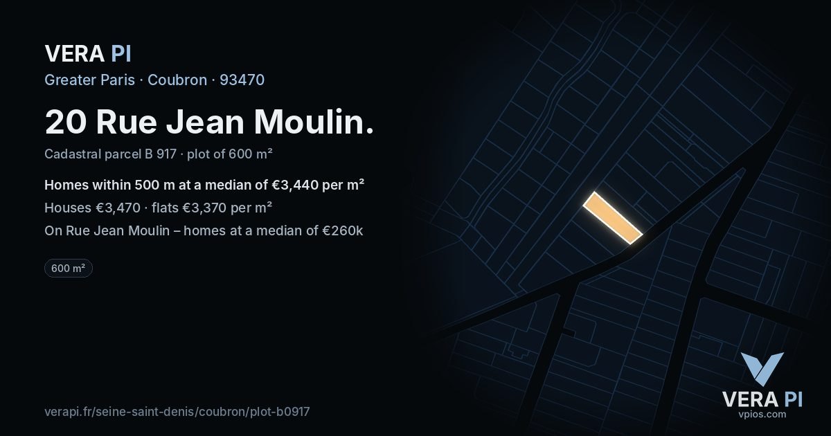 20 Rue Jean Moulin, Coubron at night – the plot lit, the parcels around coloured by the prices near them