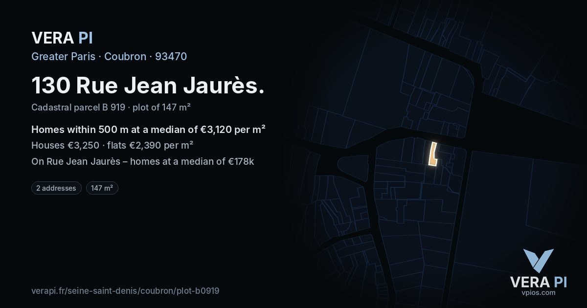 130 Rue Jean Jaurès, Coubron at night – the plot lit, the parcels around coloured by the prices near them