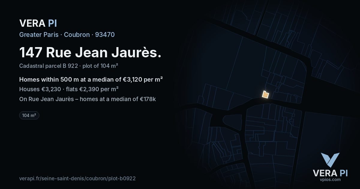 147 Rue Jean Jaurès, Coubron at night – the plot lit, the parcels around coloured by the prices near them