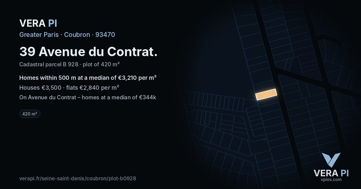 39 Avenue du Contrat, Coubron at night – the plot lit, the parcels around coloured by the prices near them