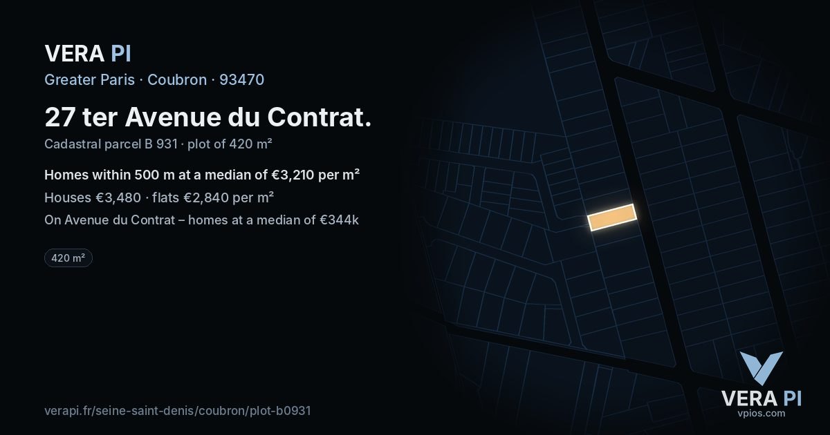 27 ter Avenue du Contrat, Coubron at night – the plot lit, the parcels around coloured by the prices near them