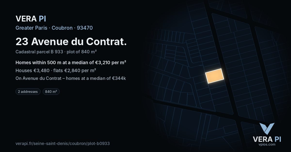 23 Avenue du Contrat, Coubron at night – the plot lit, the parcels around coloured by the prices near them