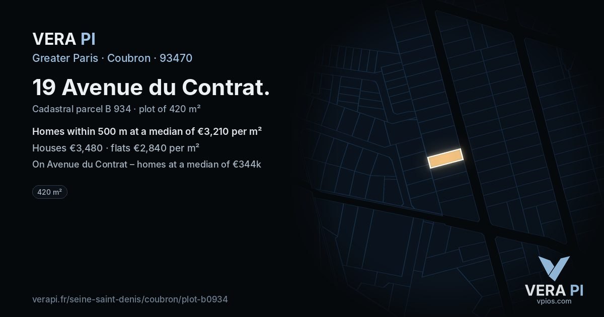 19 Avenue du Contrat, Coubron at night – the plot lit, the parcels around coloured by the prices near them