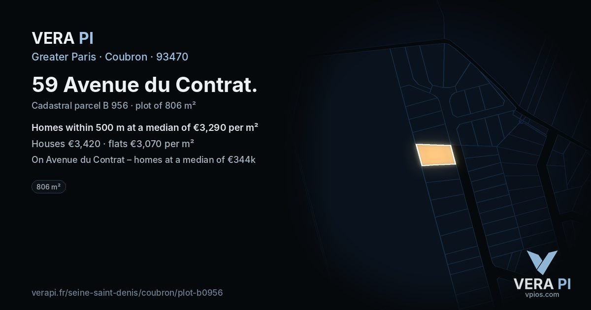 59 Avenue du Contrat, Coubron at night – the plot lit, the parcels around coloured by the prices near them