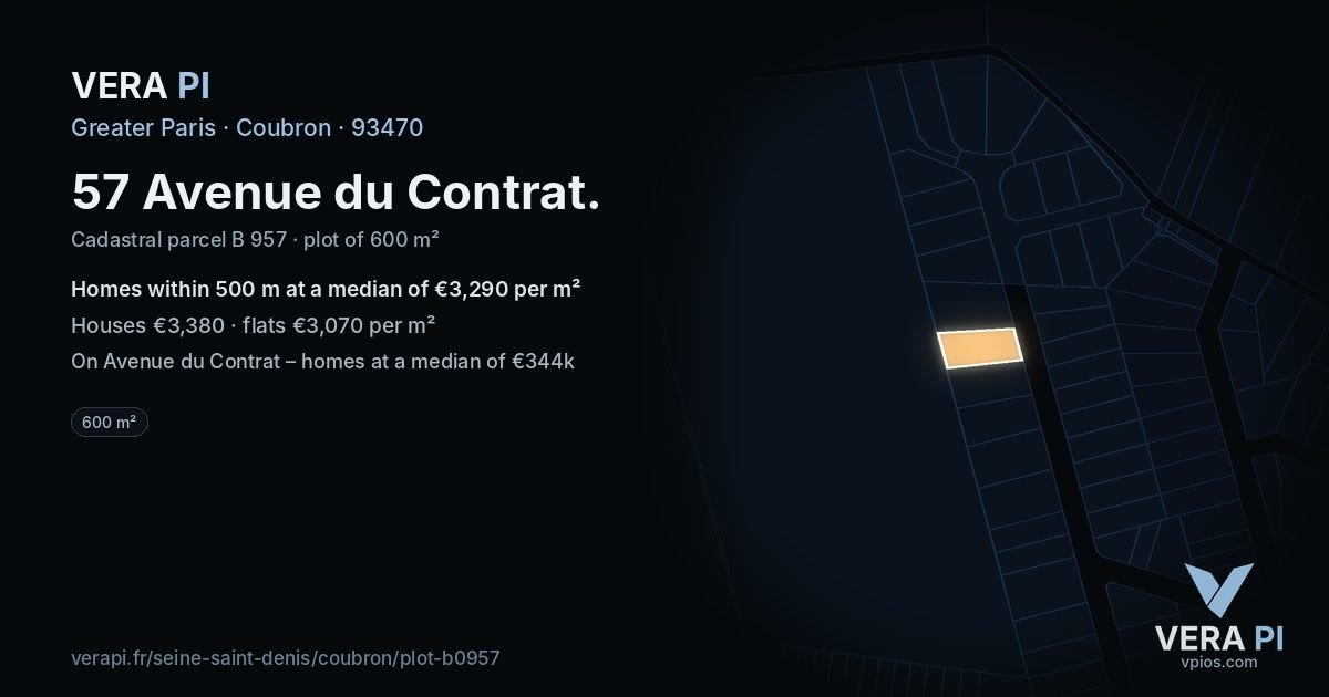 57 Avenue du Contrat, Coubron at night – the plot lit, the parcels around coloured by the prices near them