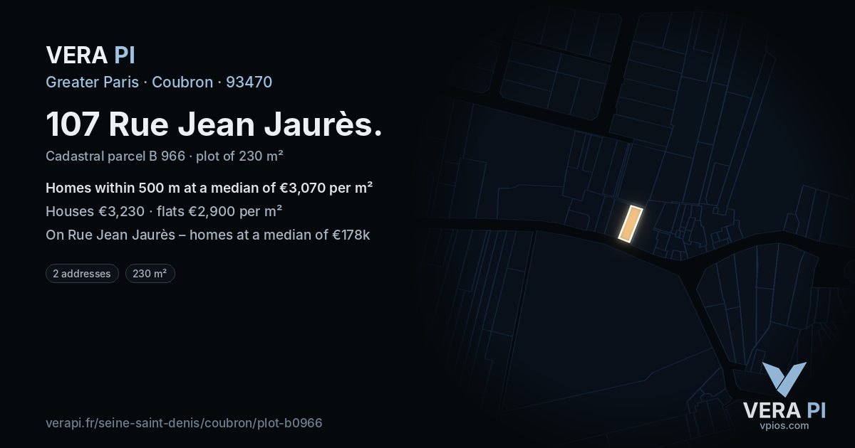 107 Rue Jean Jaurès, Coubron at night – the plot lit, the parcels around coloured by the prices near them