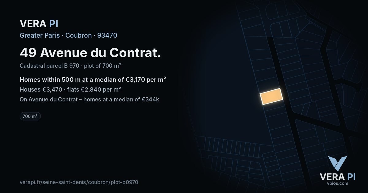 49 Avenue du Contrat, Coubron at night – the plot lit, the parcels around coloured by the prices near them