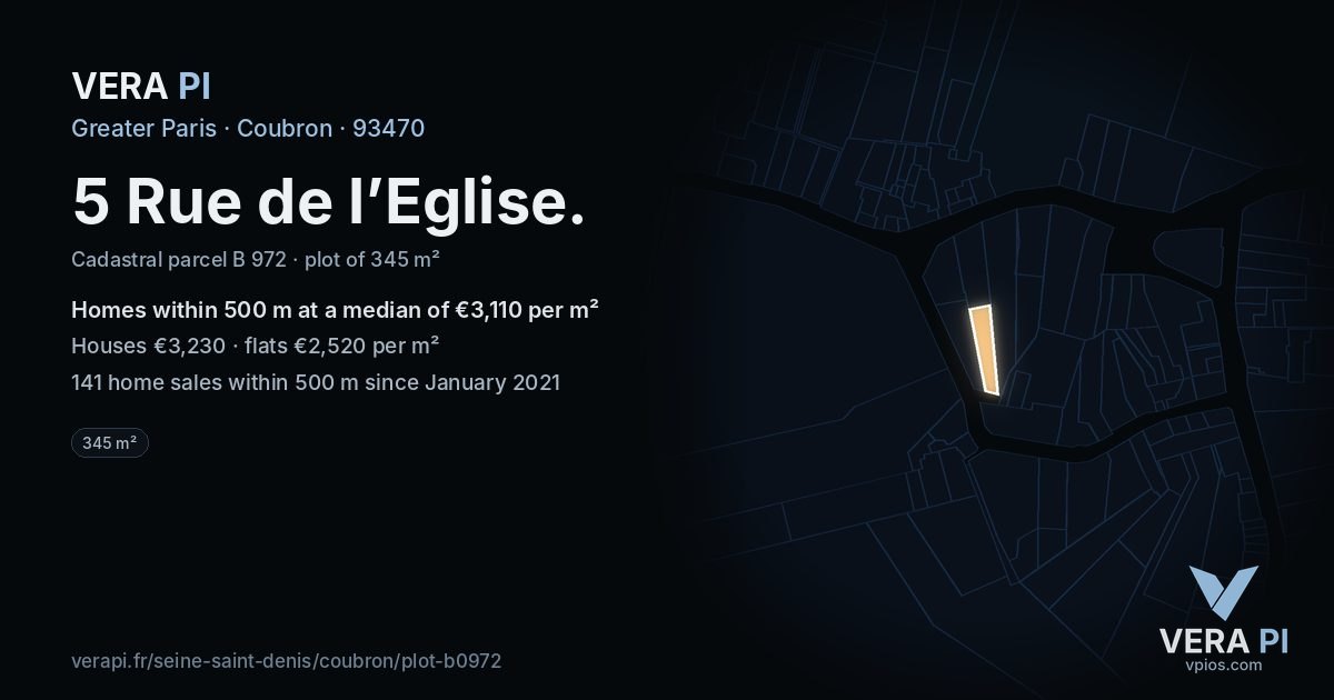 5 Rue de l’Eglise, Coubron at night – the plot lit, the parcels around coloured by the prices near them
