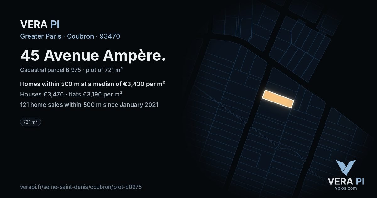 45 Avenue Ampère, Coubron at night – the plot lit, the parcels around coloured by the prices near them