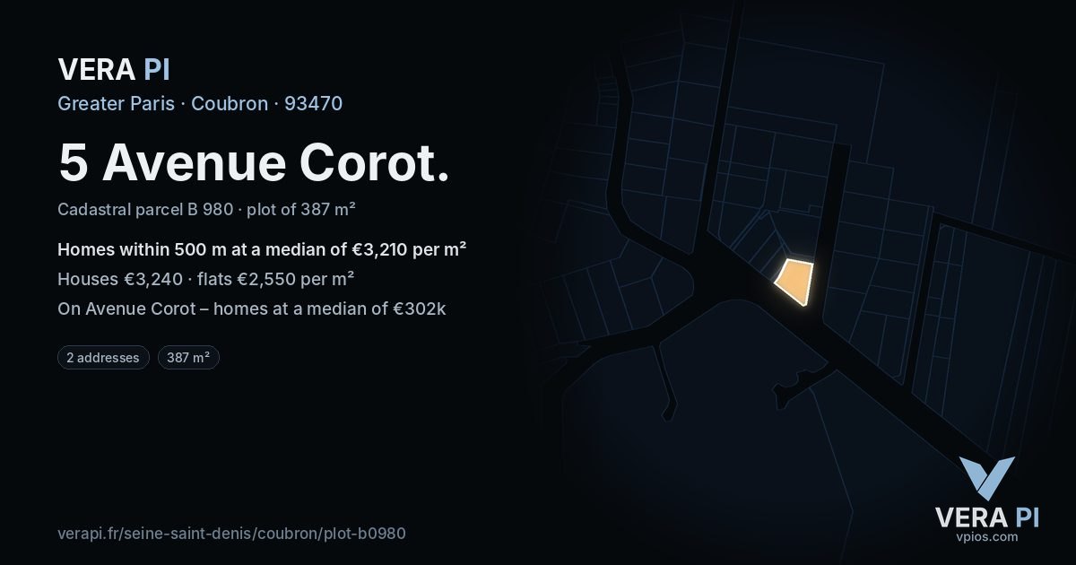 5 Avenue Corot, Coubron at night – the plot lit, the parcels around coloured by the prices near them